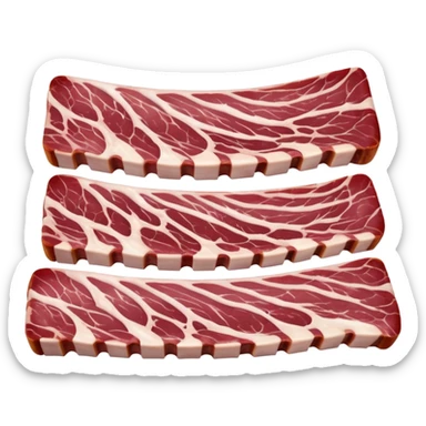 raw rack of pork ribs with curved bone structure, trimmed edges, alternating layers of pink-red meat and white fat, moist surface, visible marbling, slight connective tissue, no sauce or extras, soft lighting, emoji scale sticker