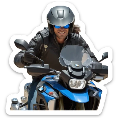 bmw gs 1250 black male rider sunglases on bike dark hair blue eyes sticker