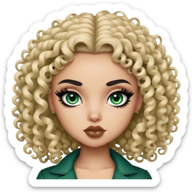 curly dark hair, light skin,  dark green iris, pretty bratz baddie, strong black eyeliner sticker