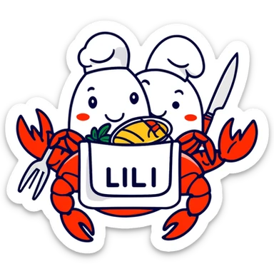 A red lobster with the food bib on the food bib, and there will be another lobster beside it, holding a knife and fork with a food bib that says lil bug ￼ sticker