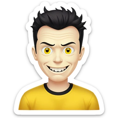 Rick Astley with a cursed demonic devious evil killer smile and Rick Astleys yellow and Rick Astley has no eyes with 3 lines of cursed ink coming out sticker