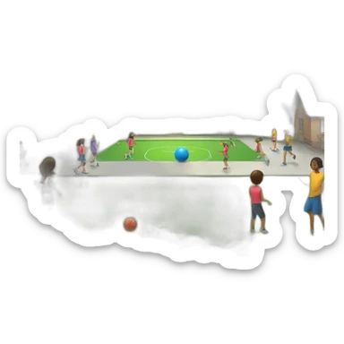 school at the foot of a beautiful green mountain with children playing balls in the backyard sticker