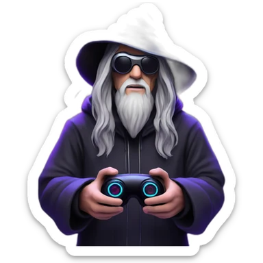Gandalf wearing a black hoodie with "OMG" letters on it and VR headset in a cyberpunk VR environment with violet neon lighting. sticker