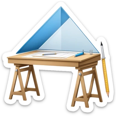Create a sleek and modern icon representing Architecture, featuring elements like blueprints, a drafting table, and architectural tools (ruler, line, triangle). The design should be visually sophisticated, clean, and professional, without any emojis. The background should be transparent sticker