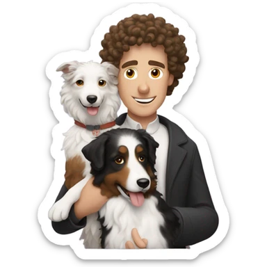 A curly-haired whiteman holding a Border Collie. sticker