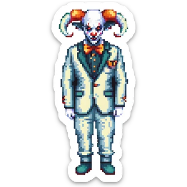 demonic clown wearing a leisure suit, bald with ram horns sticker