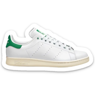 Two Adidas Stan Smith shoes arranged as a pair with one slightly behind the other, white with green heel details, clean classic design sticker