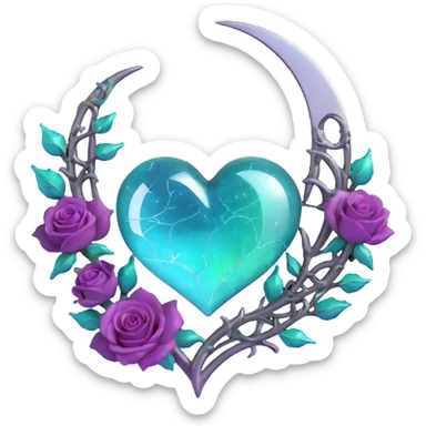 3D emoji-inspired gothic heart of iridescent aurora glass, featuring a silver crescent moon, neon teal lightning, gradient roses, holographic stardust, drenched splintered glass sticker