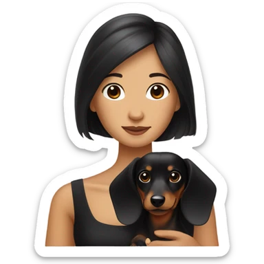 Long-haired dachshund with black-haired Asian girl wearing black dress sticker