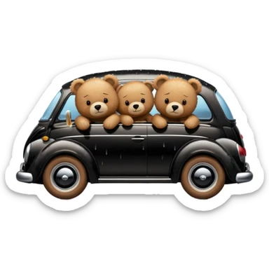 Two teddy bears sleeping in black Volkswagen in the rain sticker