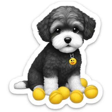 Maltipoo, black and white, with MAY t-shirts sticker