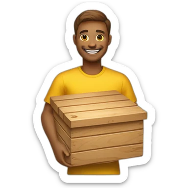 A person holding a box of wood with a beautiful smile will make any wooden product you want, he has a yellow food ball. sticker