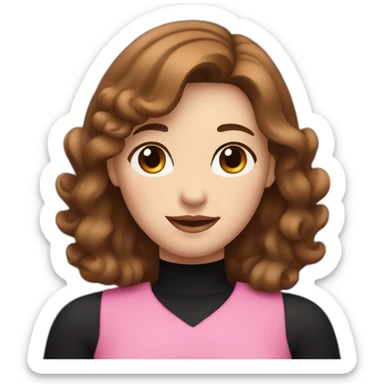 A white woman with brown hair, wear black-and-pink and making a heart symbol with her hands sticker