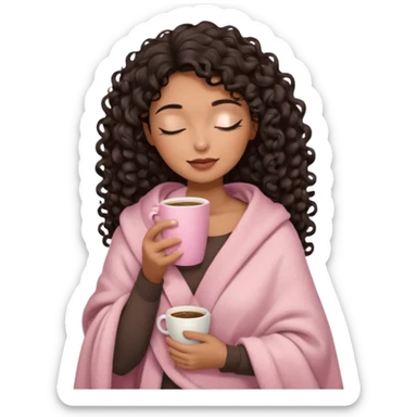 hispanic woman, brown skin, black long 3b curls, closed eyes, feminine face, holding soft pink coffee cup with beige blanket over shoulders sticker