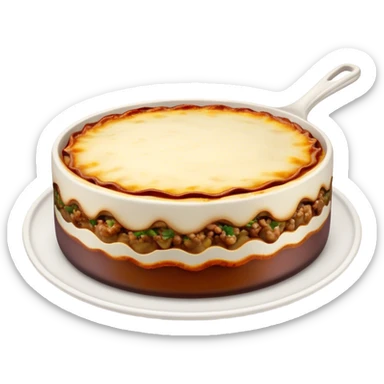 Cinematic Realistic Moussaka Dish Emoji, depicted with layers of eggplant, minced meat, and b√©chamel sauce rendered with rich textures and warm, inviting lighting that captures its Mediterranean flavor. sticker