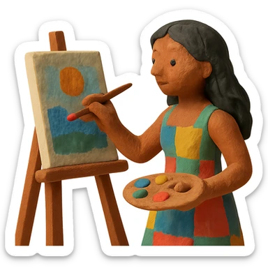 tanned woman artist with long black hair, wearing a colorful dress, painting at an easel, holding a palette and brush, claymation style sticker