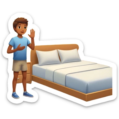 A person stands beside their bed, rolling out groggily with determination. The bed behind them is neatly made, a mirror in front of them shows them high-fiving their reflection. A glowing sunrise outside signals the start of a productive day. sticker
