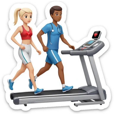 patient on a treadmill with heart monitor and a doctor supervising, representing a stress test sticker