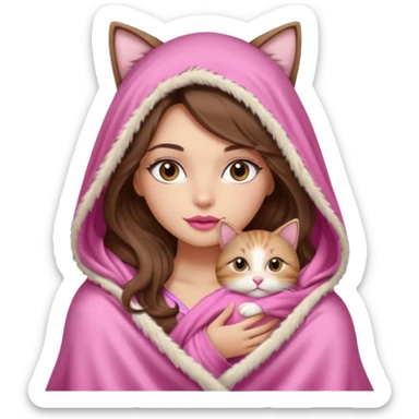 girl with long wavy brown hair, brown eyes, long lashes makeup, sexy pink lips, light to medium complexion, wearing a pink sexy silk top, big blanket over the head cozy holding a cat, no cat earn on the hood sticker