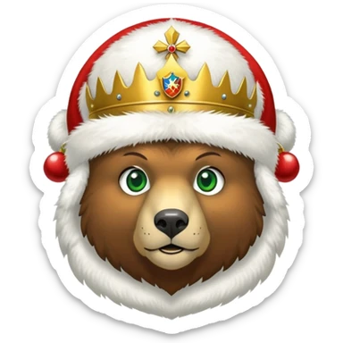 Brown bear head only with green eyes, white furry ushanka hat with accurate Russian Federation emblem featuring golden eagle, three crowns, scepter, orb, and red shield with St. George, iOS emoji style sticker