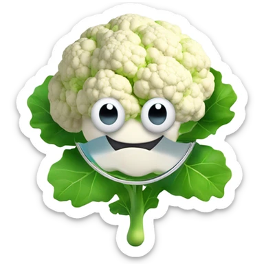 3D cauliflower emoji character with big eyes 👀, surrounded by a few green leaves 🍃, holding a small mirror 🪞. The character is floating in the air with no legs visible, on a pure white background. sticker