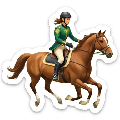An icon featuring a horse and rider galloping gracefully over a lush green field. The rider is in full gear, guiding the horse with precision. The background shows rolling hills, a clear blue sky, and vibrant sunlight illuminating the scene. Transparent background highlights the elegance sticker