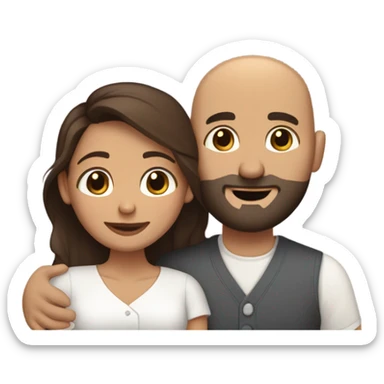 Brown-haired Puerto Rican woman with dark brown eyes wearing a cute blouse giving a comforting hug to a short, bald man with brown eyes, laugh lines, and a beard sticker