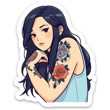 hyper realistic slavic Pale girl with long black hair arm tattoos sticker