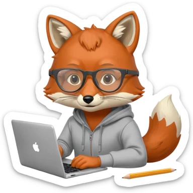 fox with clear fur wearing a gray hoodie and vision glasses, working interestedly on a laptop, holding a pencil in hand, notebook lying nearby, no background sticker