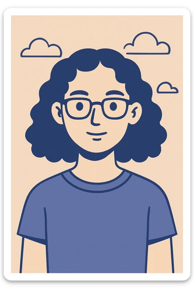 fille aux cheveux bouclés blonds foncé, lunettes noires, yeux marrons, style flat color sticker