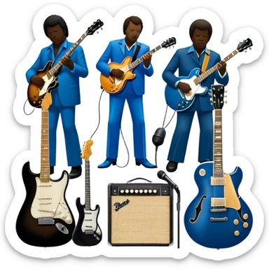 Icon for Blues Music: close-up collage of legendary blues artists. Gary Moore, Eric Clapton, B.B. King and Joe Cocker. Represented by silhouettes or symbolic items like guitars, microphones, or music notes, reflecting the soulful energy of blues music. Transparent background. sticker