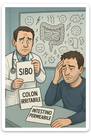 Scena clinica con un medico confuso in camice bianco davanti a un paziente seduto. Il medico ha tre fogli in mano, e li mostra uno alla volta con espressione incerta: il primo dice 'SIBO', il secondo 'Colon Irritabile', il terzo 'Intestino Permeabile'. Il paziente ha un’espressione confusa e scoraggiata, con una mano sulla fronte. Sullo sfondo una lavagna caotica con disegni di intestino e sintomi ovunque. Stile realistico con tocchi ironici, toni freddi da ambulatorio ma con un messaggio visivo forte di incertezza diagnostica. in italiano sticker