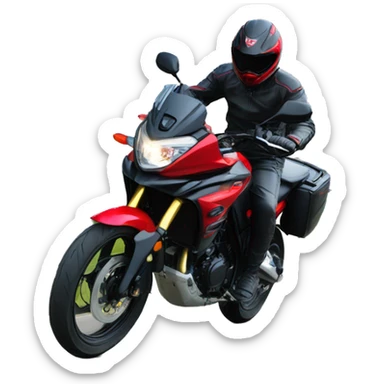 A man with red and black driving Suzuki v strom 250 sticker