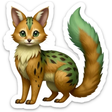Hyper realistic  rusted bronze fur cracked with green-patina age veins and dull shimmer beautiful elegant pretty precious cute  Fakémon-Pokémon-opossum-feline-serval-caracal-chinchilla-Furret-Minccino-hybrid-creature with a big fluffy bushy tail (full body) sticker