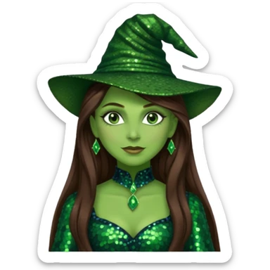 Elphaba from The Wizard of Oz with long brown hair, dark green sequin outfit, green skin sticker