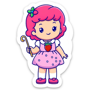 little girl in a strawberry shortcake dress, holding a candy wand, pastel background sticker
