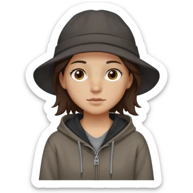Hobo tomboy with light skin, freckles, shoulder-length center-parted dark brown hair. brown eyes, dark brown hoodie, grey shirt. Black flat brimmed hat sticker