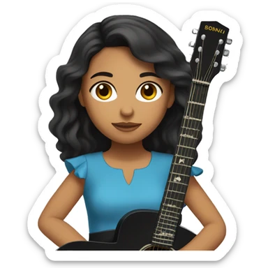 A latin girl, long dark hair, brown eyes, with a blue dress, playing guitar. sticker