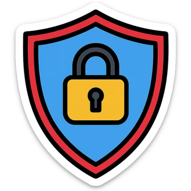Icon-style IT security emblem: shield with suspended padlock, energetic blue #02aff4 main color, deep red #ee1b24 accents, white background, detailed and robust appearance sticker