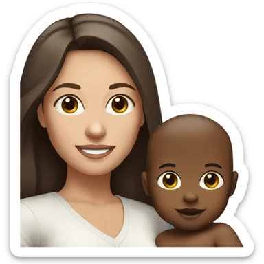 white woman, with straight long mid hair, dark brown hair, blue eyes, round face, uni-lips. holding her baby boy, one year old, brown skin, bit of hair straight brown smiling sticker