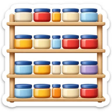 Japanese brand creams displayed on a storage shelf, arranged with horizontal variation and vertical consistency, with identical items placed directly behind one another. sticker