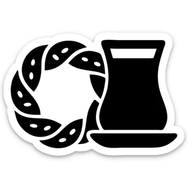Add a traditional Turkish tea glass next to the simit, keeping the minimal flat icon style, with no background. sticker