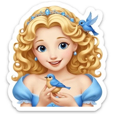Cinematic Adorable Cinderella Portrait Emoji, Giggling softly while holding a tiny bluebird, golden curls bouncing, eyes sparkling with joy, wrapped in a soft golden glow, exuding warmth and charm, an irresistible blend of beauty and playfulness! sticker