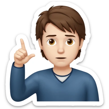 Weak man with disheveled hair pointing to his right sticker