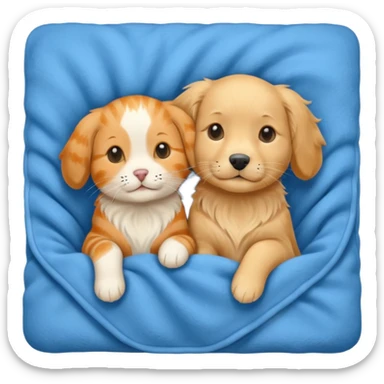 An Orange cat and an English cream retriever dog in a blue blanket  sticker