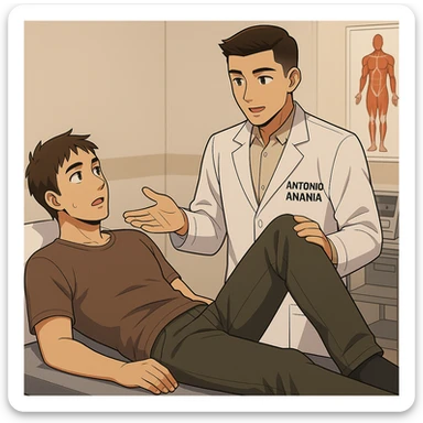 fai un webtoon manga a colori con questo stile, in cui un uomo è steso sul lettino medico e il kinesiologo con il camice bianco (fagli anche la scritta "ANTONIO ANANIA" SUL CAMICE, gli solleva una gamba per fargli il test neuromuscolare, IL KINESIOLOGO SPIEGA ALL'UOMO UNA cosa mentre gli alza la gamba. non fare i fumetti però, fai solo in modo che sembri stiano parlando sticker