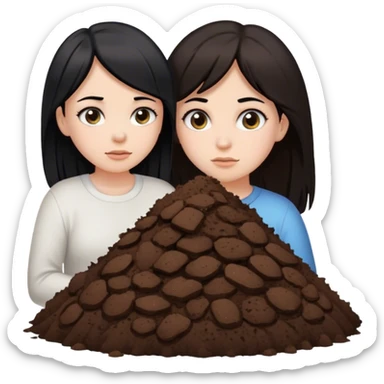 White mother black hair and white daughter brown hair standing beside a pile of poo sticker