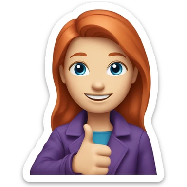 create an avatar of a smiling redhead girl, blue eyes, with a purple coat, giving a thumbs up sticker