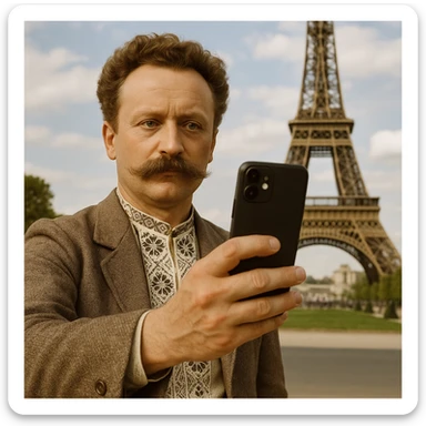 takes a selfie in front of the Eiffel Tower sticker