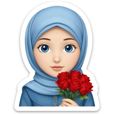 Turkish beautiful finish Konya girl blue eyes with denim bow hijab islamic dress and had on her hand red bouquet  sticker